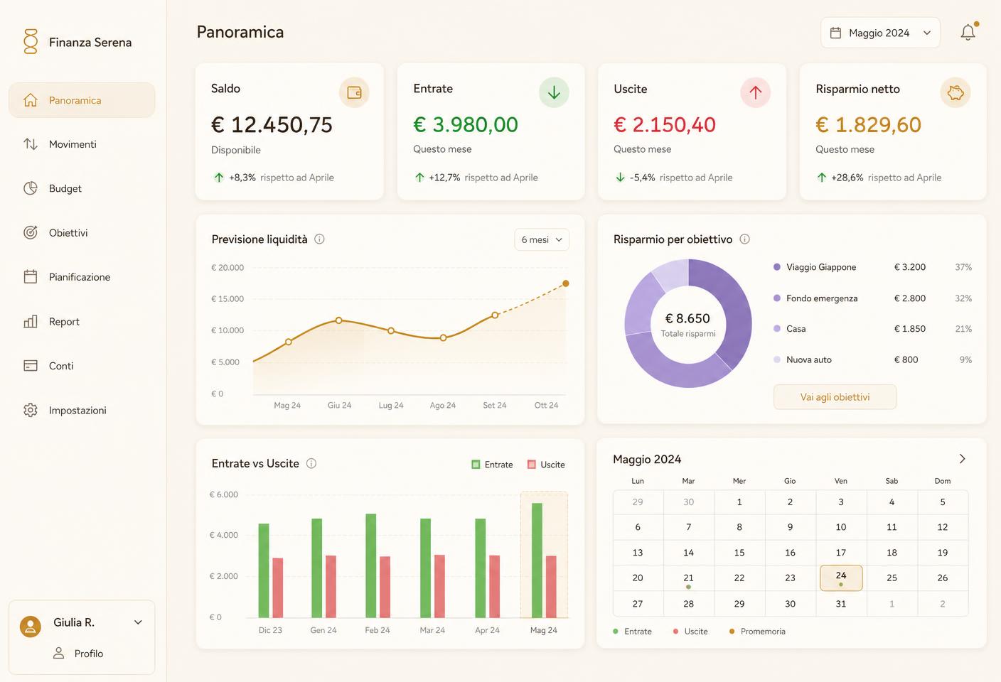 Anteprima della dashboard di Nest con saldo, previsione liquidità e calendario